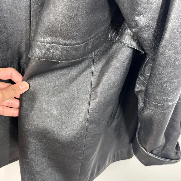 Bod & Christensen Black Leather Coat Size L Quilted Lined Hooded Jacket - Picture 12 of 16